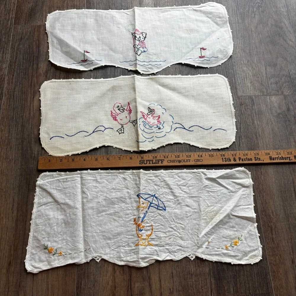 Vintage Hand Embroidered Nursery Set 3 Bear Duck Nautical Scalloped Lace Dresser